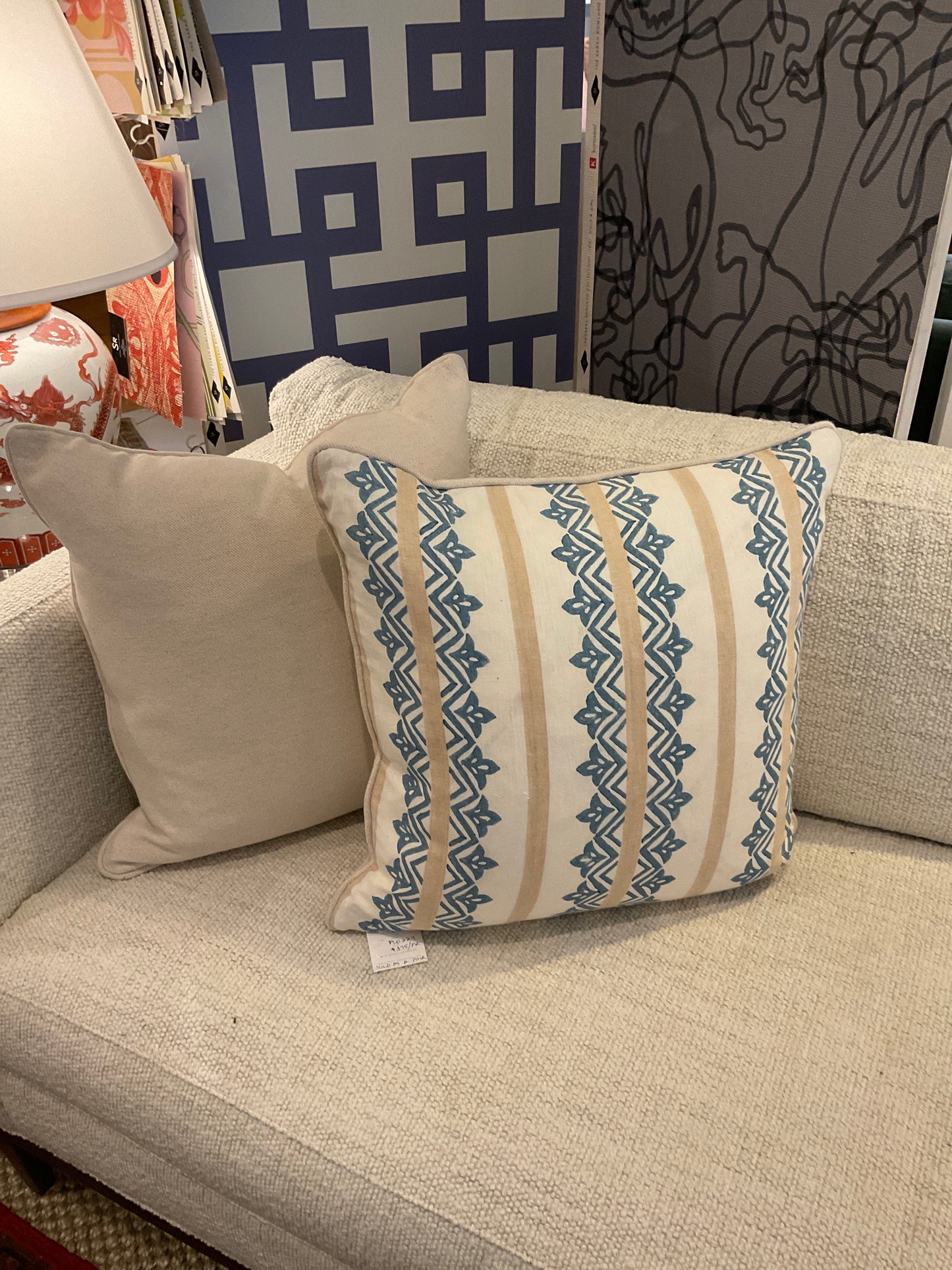 20" Blue Trellis Stripe Pillows-PAIR