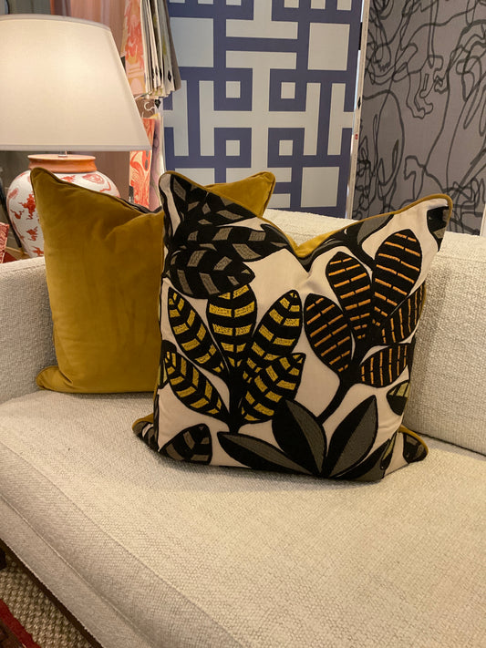 22" Black Tropical Leaves Pillows-PAIR