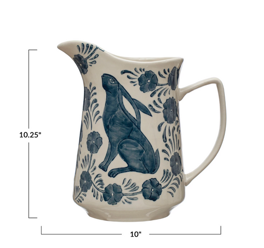 Stoneware Pitcher w/Rabbit and Flowers