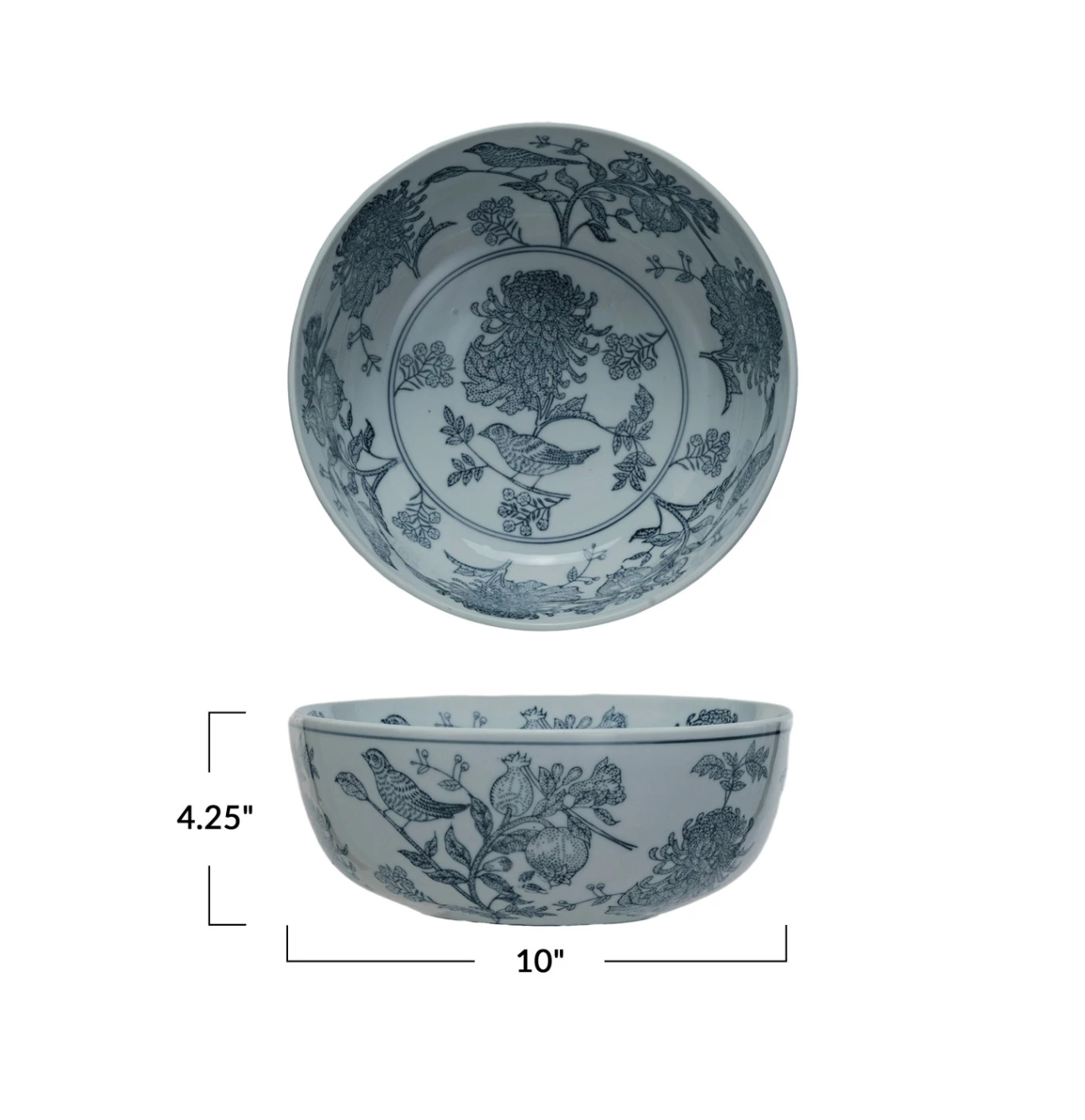 Stoneware Bowl w/Birds & Flowers